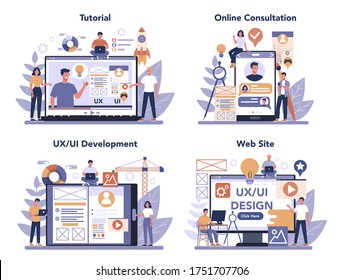 UX UI designer online service or platform set. App interface improvement for user. Modern technology concept. Online tutorial and consultation, ui and ux development, website. Flat vector illustration