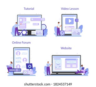 UX UI designer online service or platform set. App interface improvement for user. Modern technology concept. Online tutorial, video lesson, forum, website. Flat vector illustration