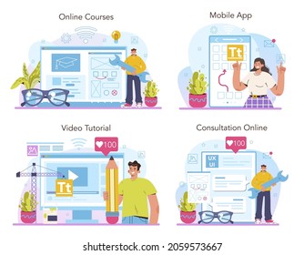 UX and UI designer online service or platform set. User interface design and user experience development. Online course, consultation, video tutorial, mobile app. Flat vector illustration