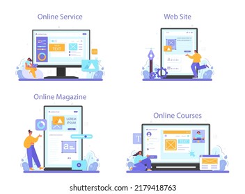 UX and UI designer online service or platform set. App interface improvement. User interface design and user experience development. Online course, magazine, website. Flat vector illustration