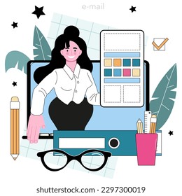 UX and UI designer online service or platform. App or website development. User interface design and user experience construction. E-mail. Flat vector illustration