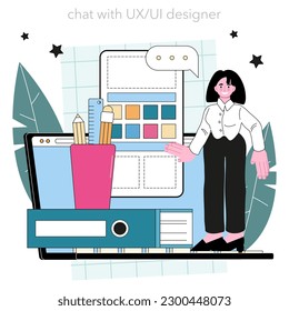 UX and UI designer online service or platform. App or website development. User interface design and user experience construction. Online chat. Flat vector illustration