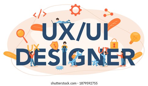 encabezado tipográfico del diseñador de la interfaz de usuario de UX. Mejora de la interfaz de la aplicación para el usuario. Concepto de tecnología moderna. Ilustración vectorial plana