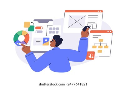 UX UI designer. User experience, web interface design concept. Creating digital graphic layout, wireframe, visual elements for mobile app, sites. Flat vector illustration isolated on white background