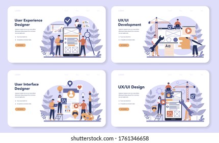 UX UI Designer Web Banner Or Landing Page Set. App Interface Improvement For User. Modern Technology Concept. Flat Vector Illustration