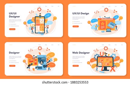 UX UI designer web banner or landing page set. App interface improvement for user. Modern technology concept. Flat vector illustration
