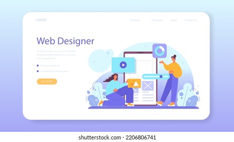 UX and UI designer web banner or landing page. App interface improvement. User interface design and user experience development. Modern digital design industry. Flat vector illustration