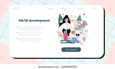 UX and UI designer web banner or landing page. App or website interface development. User interface design and user experience construction. Modern digital technology. Flat vector illustration