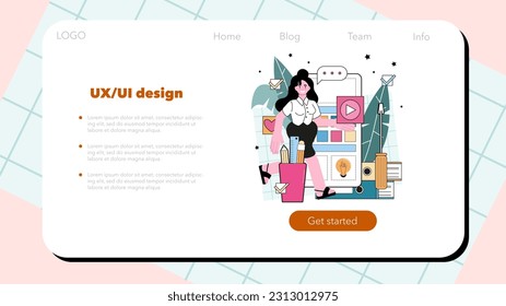 UX and UI designer web banner or landing page. App or website interface development. User interface design and user experience construction. Modern digital technology. Flat vector illustration