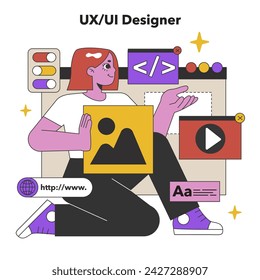 UX UI Designer at Work. A professional combines functionality with aesthetics, focusing on seamless user flow and engaging visuals in digital design. Flat vector illustration