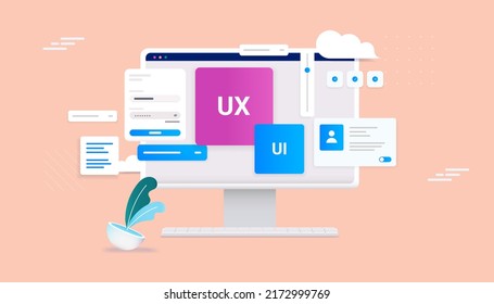 Ux and Ui development - Desktop computer with web design elements in decorative vector illustration