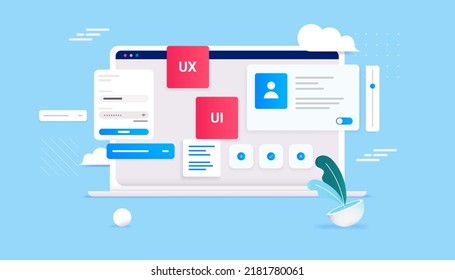 Ux and Ui development - Laptop computer with web design elements in decorative vector illustration