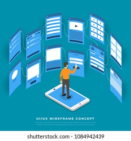 UX UI Flowchart. Mock-ups  mobile application concept isometric flat design. Vector illustration.