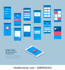 UX UI Flowchart. Mock-ups  mobile application concept isometric flat design. Vector illustration.