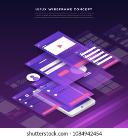 UX UI Flowchart. Mock-ups  mobile application concept isometric flat design. Vector illustration.