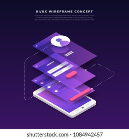 UX UI Flowchart. Mock-ups  mobile application concept isometric flat design. Vector illustration.