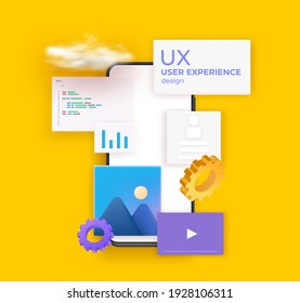 UX UI Flowchart. Mock-ups mobile application concept isometric flat design. Vector illustration.