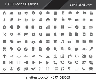UX UI icon designs - Gray color flat and fill icon set