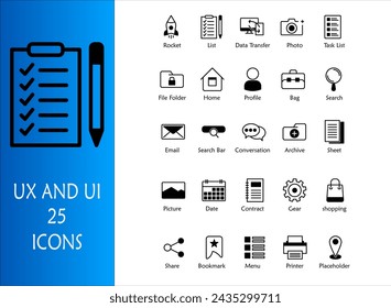UX and UI icon set. Containing list,data transfer,photo,task list,file folder,home,profile,bag,search,email,search bar,archive,sheet,picture,date,gear,share,bookmark,menu,printer. Mixed