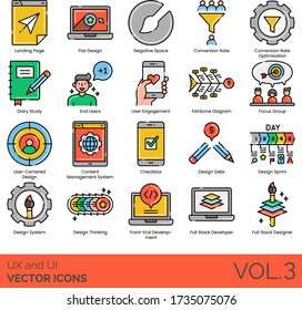 UX and UI icons including landing page, flat design, negative space, conversion rate optimization, diary study, end user, engagement, fishbone diagram, focus group, user-centered, CMS, checkbox, debt.