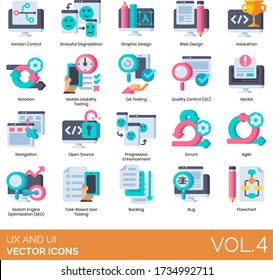 Iconos UX e UI, incluyendo control de versiones, degradación elegante, diseño gráfico, web, hackathon, iteración, usabilidad móvil, pruebas de QA, QC, modal, navegación, código abierto, mejora progresiva.