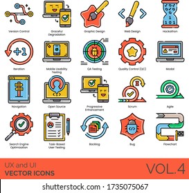 UX and UI icons including version control, graceful degradation, graphic design, web, hackathon, iteration, mobile usability, QA testing, QC, modal, navigation, open source, progressive enhancement.