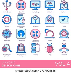 UX and UI icons including version control, graphic design, web, hackathon, QA testing, QC, modal, navigation, progressive enhancement, scrum, agile, SEO, task-based user, backlog, bug, flowchart.