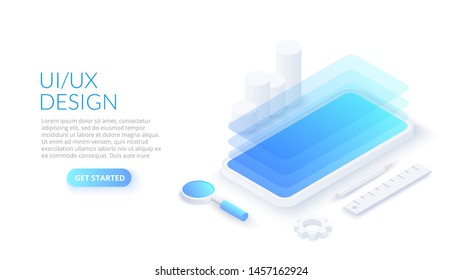UX / UI isometric design concept with smartphone. Landing page template. Mobile app or website wireframe.