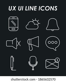 ux ui line icons set over black background, line style, vector illustration