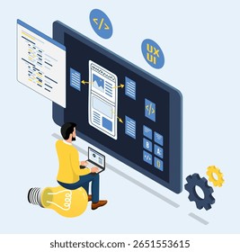 Desenvolvimento de aplicativos móveis UX UI com programador trabalhando em um escritório da empresa de desenvolvimento de software. Desenvolvimento do conceito de tecnologias de programação e codificação.

