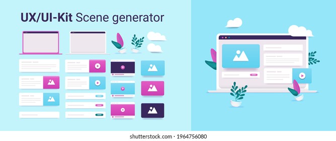 UX and UI scene generator - Vector toolkit to create illustrations and scenes with laptop and user interface elements in 3d style.
