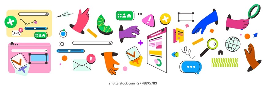 UX UI search system elements. Hands and magnifying glass, search windows and message icons, alerts and global network symbols. Vector digital components for website search and online communication
