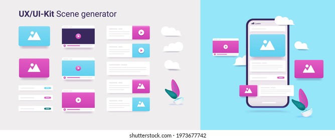 UX and UI tool kit - Vector collection set to create illustrations and scenes with laptop and user interface elements in 3d style.