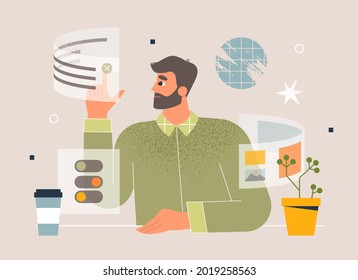 UX, UI, usability concept. Man interacting with a web interface, touching screen button, using application. User experience. Designer, developer of a website app. Isolated vector illustration