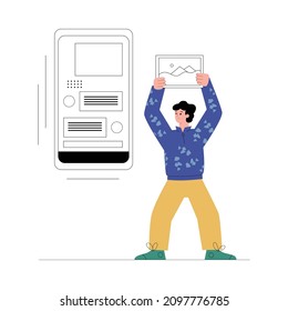 UX UI or web design concept with man adds picture to app interface, flat vector illustration isolated on white. User interface or experience designer develops mobile application or website.