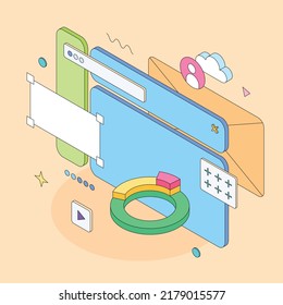 Ux, ui, website design, window, digital, app, presentation, infographic. Isometric vector illustration flat design isolated. Outline, linear style, line art, editable stroke.