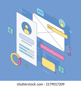 Ux, ui, website design, window, digital, app, presentation, infographic. Isometric vector illustration flat design isolated. Outline, linear style, line art, editable stroke.