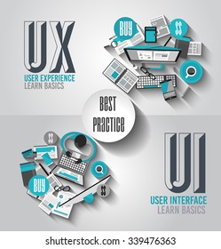 UX User Experience Background concept with Doodle design style :user interfaces, guidelines, solutions, creative thinking. Modern style illustration for web banners, brochure and flyers.