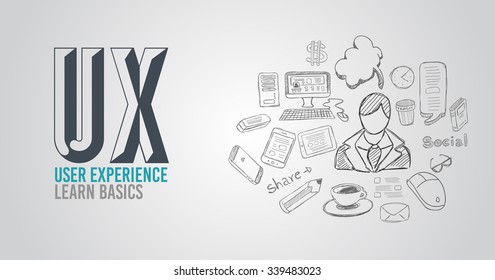 Concepto de experiencia de usuario de UX en segundo plano con estilo de diseño Doodle: interfaces de usuario, directrices, soluciones, pensamiento creativo. Ilustración moderna para banners web, folletos y volantes.