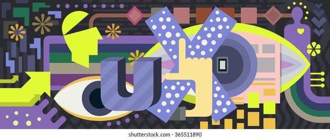 UX User Experience concept showing the process of idea, research, user flows, wireframes, prototype design. Modern style web banner background.