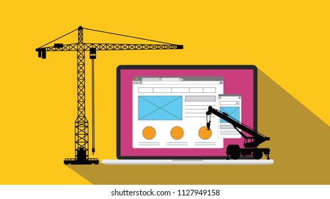 ux user experience design website apps development and build with crane and laptop vector illustration