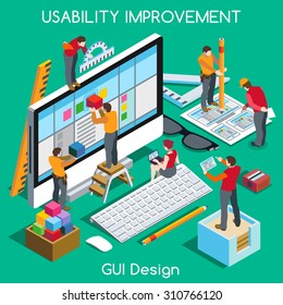 Ux User Experience Development Design Usability Improve. Isometric People GUI UI Interface experiment design improve UX 3D Concept Team project guide build Web app Computer Graphic Vector illustration