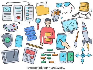 Ux User Experience Graphid Designer Jobs Career Profession Doodle Hand Drawn Set Collections With Flat Outline Style