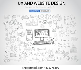 UX Website Design  concept with Doodle design style: online solution, social media campain, creative ideas,Modern style illustration for web banners, brochure and flyers.