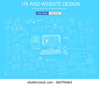Diseño de sitio web UX con estilo de diseño Doodle: solución en línea, campañas en medios sociales, ideas creativas, ilustración de estilo moderno para banners web, folletos y volantes.