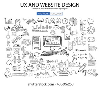 UX Website Design  concept with Doodle design style: online solution, social media campain, creative ideas,Modern style illustration for web banners, brochure and flyers.