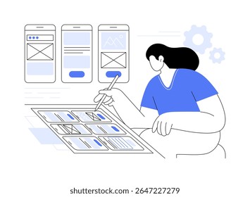 UX wireframes ilustrações isoladas de vetor de desenhos animados. Designer da empresa de TI trabalhando com wireframe UX, desenvolvimento de aplicativos, arquitetura de interface, desenho animado vetorial de engenharia de interface do usuário.