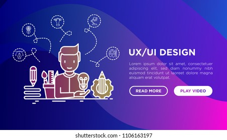 UX/UI Design Concept: Creator Generates Idea, With Thin Line Icons: Start Up, Brief, Brainstorming, Puzzle, Color Palette, Creative Vision, Genius. Modern Vector Illustration, Web Page Template.