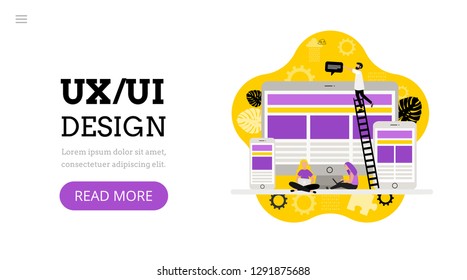 UX/UI design. Landing page template. Modern flat concept for web design. Vector illustration with desktop computer, smartphone, tablet and people. Responsive design.