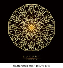 uxury golden mandala on black background, vintage elegant metal gold brown copper gradient flower texture ornament, decorative invitation card poster flyer brochure menu print template. Vector EPS 10.